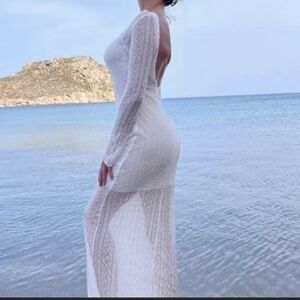 ZARA Open Back White Sheer Stretch Lace Long Sleeve Midi Dress Small